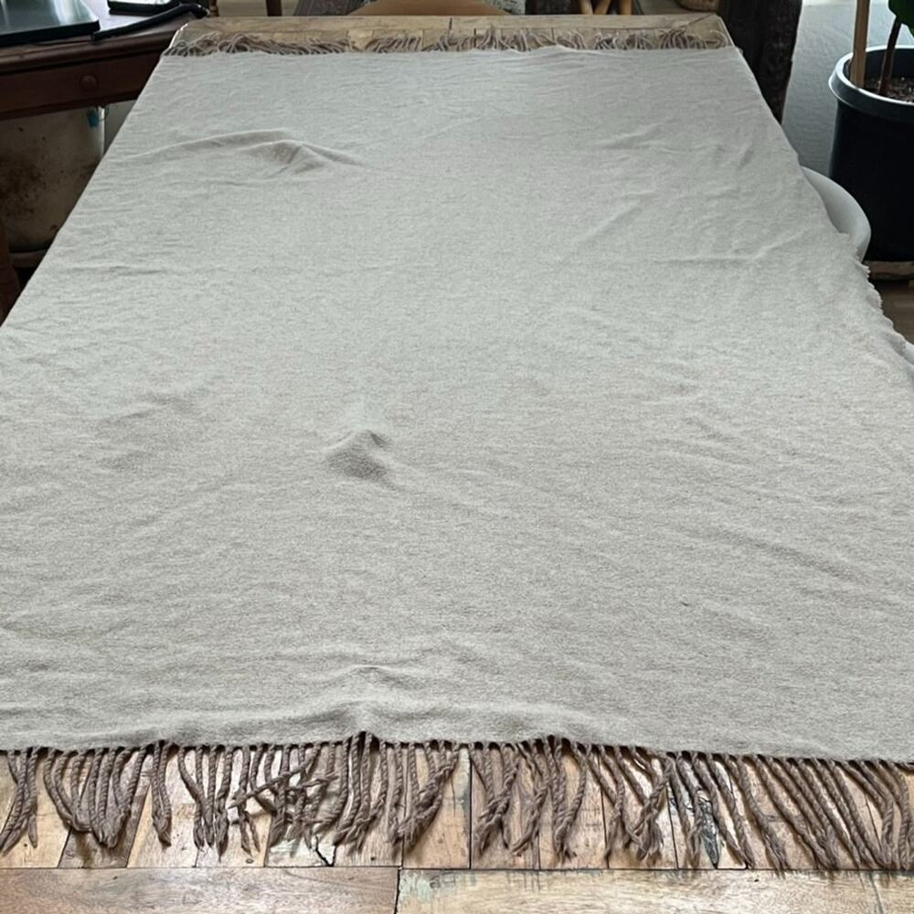 Taupe Throw Blanket Knotted Fringe Wool 67" x 50"